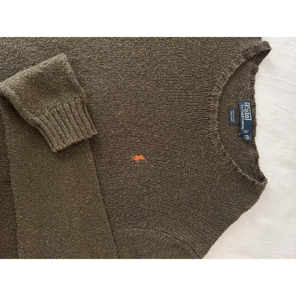 Polo Ralph Lauren Sweater Men's XXL Brown Knit Cotton Linen Blend Long Sleeve